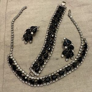 Vintage MCM 50s Black Navette Full Parure Necklace Bracelet Clip-on Earring Set
